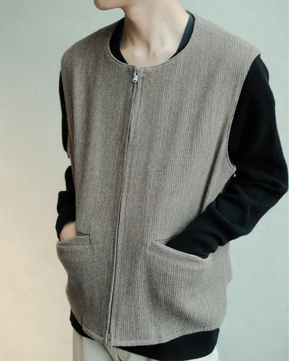 Ernie Palo Wool Corduroy Vest Top Brown EP12VT01 襟元・フロントジップとコーデュロイ生地の詳細