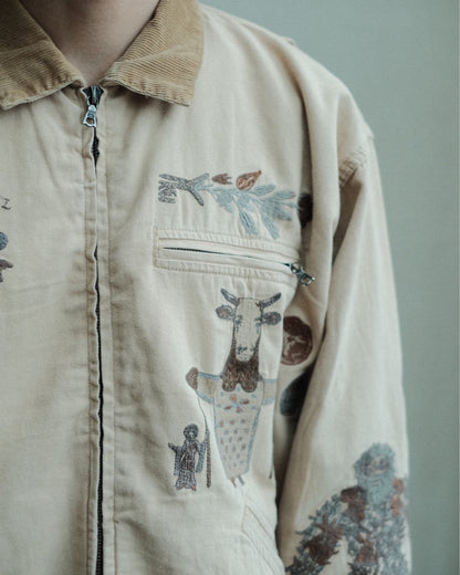 SAMUEL ZELIG Elder Work Jacket Pale Khaki EL-FW26-18-CAN 胸ポケット・植物と動物の刺繍の詳細